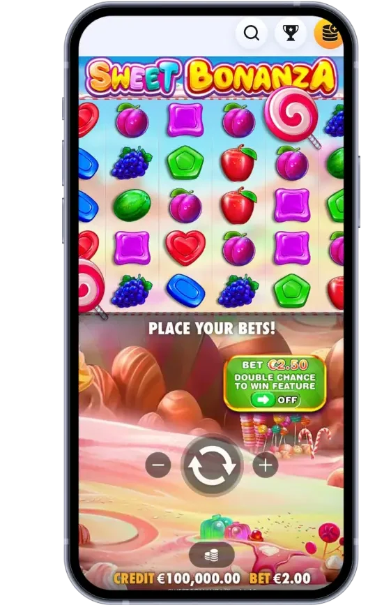 Herní obrazovka Sweet Bonanza na smartphonu se symboly ovoce a sladkostí.