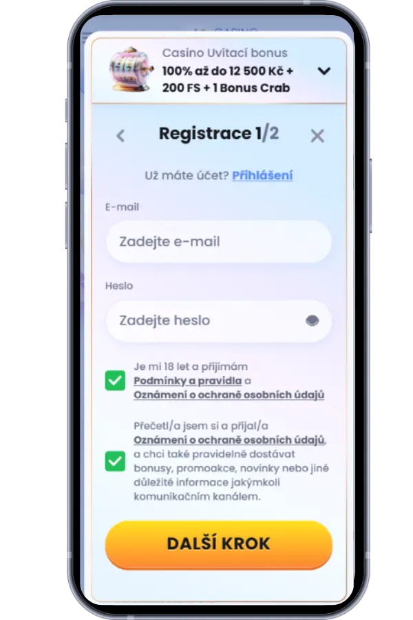 První fáze registrace v kasinu, kde jsou řádky pro zadání e-mailu a hesla